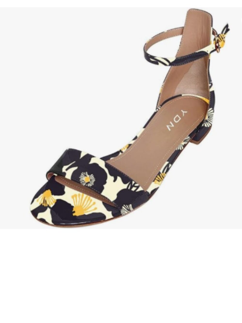 YDN Flower Black Block Low Heel Sandals Open Toe Ankle Strap Comfortable Shoes